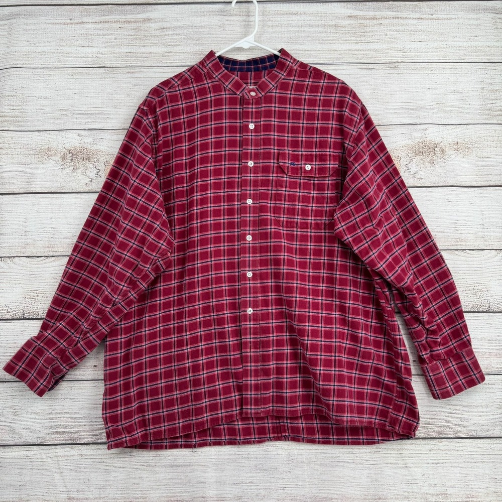 Vintage 40's‎ Bielefelder Fabrikat Flannel Shirt Mens 2XL Red Plaid Band Collar